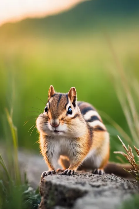 RAW photo, delicate, best quality,hyper detail, finely detailed, 8k, 32k, masterpiece,(UHD:1.2),a chipmunt in the Peaceful countryside with rolling hills and grazing livestock,Jumping or bouncing,<lora:dw13xlclipmunt-v1-000009:0.6> ,rim lighting