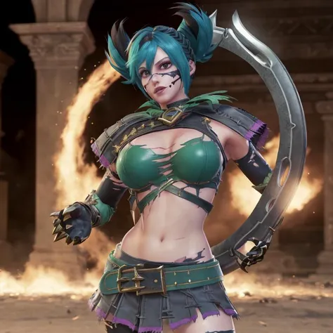 Tira, torn legwear, midriff, thighhighs, (scar across face:1.2), holding a ohmlatl,
(perfect shiny skin:0.6), 1girl, brown eyes, cyan and black hair,
twintails, medium length hair,
looking at viewer,
huge breasts, slender waist, (underboob:1.2),
town, field,
slim and smooth lines, extremely detailed CG unity 8k wallpaper, absurdres, incredibly absurdres, ultra detail, high resolution, ultra detailed, best quality, amazing, top quality,
cinematic lighting, (original: 1.2), (realistic: 1.5),
<lora:char1_5TiraV32:0.6>