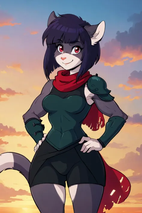 (Masterpiece, best quality), sunset, cowboy shot, cliffside, solo, SesameAkane, colored skin, furry, snout, cat ears, cat tail, short hair, medium breasts, <lora:SesameAkane_V1-Manityo-AdamW:1.0>, toned, looking at viewer, smile, closed mouth, standing, outfit2, bob cut, red scarf, green armor, green breastplate, single shoulder pad, teal skirt, yoga shorts, green vambraces, hands on hips