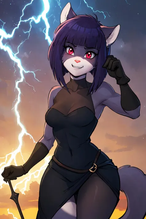 (Masterpiece, best quality), outdoors, dark sky, clody sky, lightning, evil castle, cowboy shot, 1girl, solo, SesameAkane, colored skin, furry, snout, cat ears, cat tail, short hair, bob cut, medium breasts, <lora:SesameAkane_V1-Manityo-AdamW:1.0>, toned, looking at viewer, smug, gothic dress, black dress, black gloves