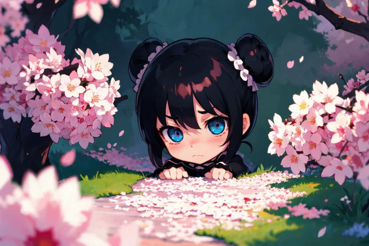 detailed background, masterpiece, best quality, mksks style, 1girl, short black hair, (hair buns:1.1), blue eyes, large eyes, blush, facing viewer, frown, sad depressed, scary, chibi, spooky, eerie, looking at viewer, outdoors, grass, sakura, cherry blossoms, petals, depth of field