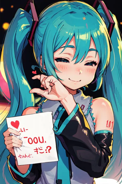 detailed background, masterpiece, best quality, mksks style, 1girl, hatsune miku, holding sign, hearts, heart, depth of field, smile, blush