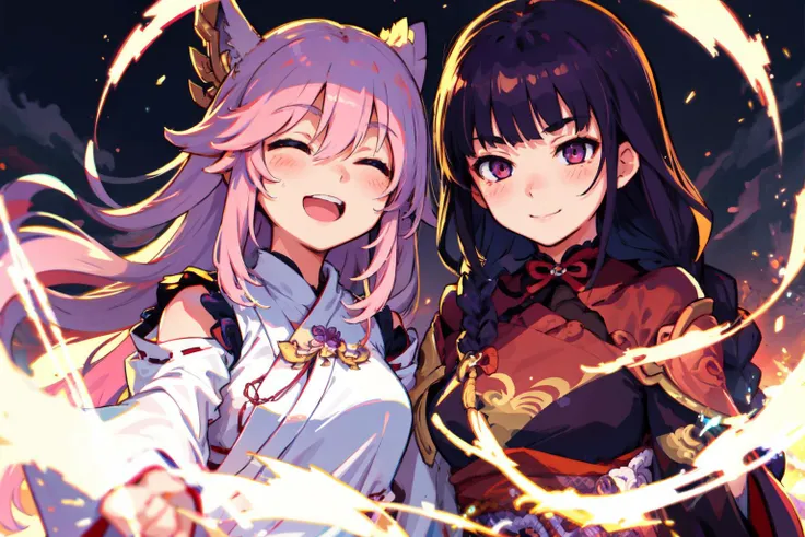 detailed background, masterpiece, best quality, mksks style, 2girls, lighting, depth of field
AND detailed background, masterpiece, best quality, mksks style, 2girls, yae miko, lightning, depth of field, closed eyes, blush, open mouth, smile, pink hair, purple, fox ears
AND detailed background, masterpiece, best quality, mksks style, 2girls, raiden shogun, genshin impact, japanese clothes, single braid, lightning, depth of field, purple eyes, purple hair, braid, purple, blush, smile, wink