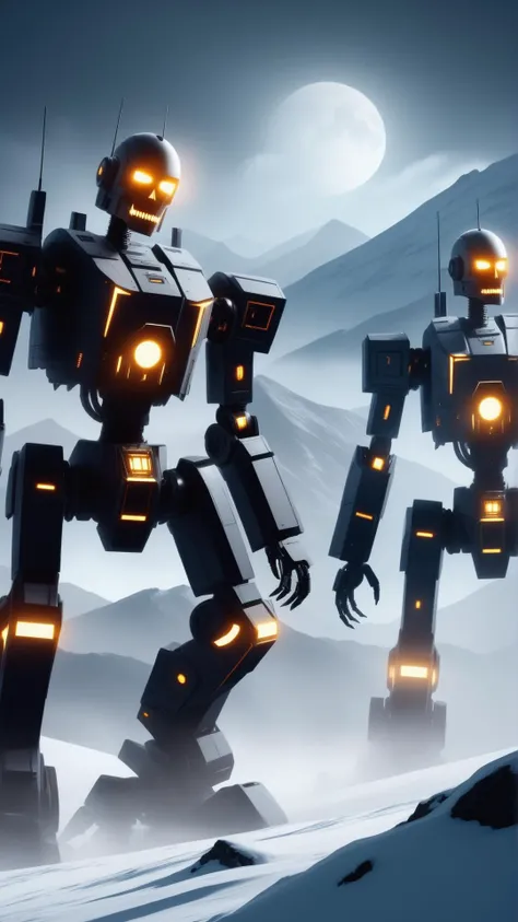 <lora:HalloweenGlowStyleXL:1>HalloweenGlowStyle hostile robots attacking a research station high on a snowy mountain, horror \(theme\),  dark, atmospheric, night, glow, (Masterpiece:1.3) (best quality:1.2) (high quality:1.1)
