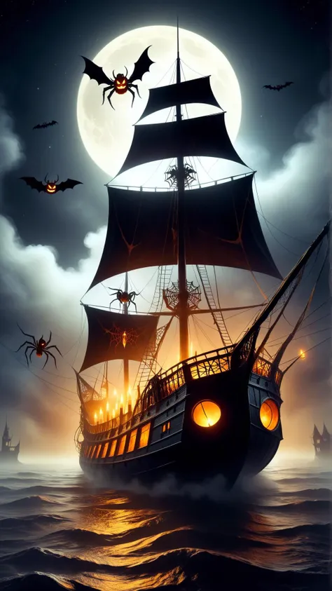 Spooky pirate ship sailing through a foggy, ghost-filled sea as background,mask,hex,zombie apocalypse,moon,grim reaper,creepy crawlers