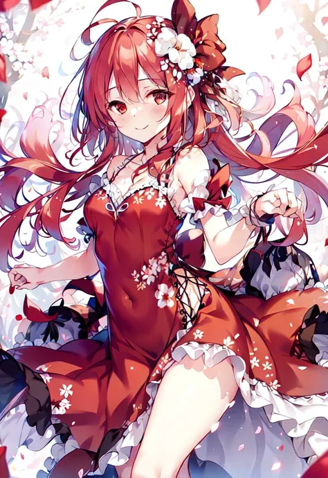 best quality, masterpiece, woman smiling in red dress, falling flower petals, red and white theme, mystical atmosphere, sfw,<lora:Ke-taV2:1.0>