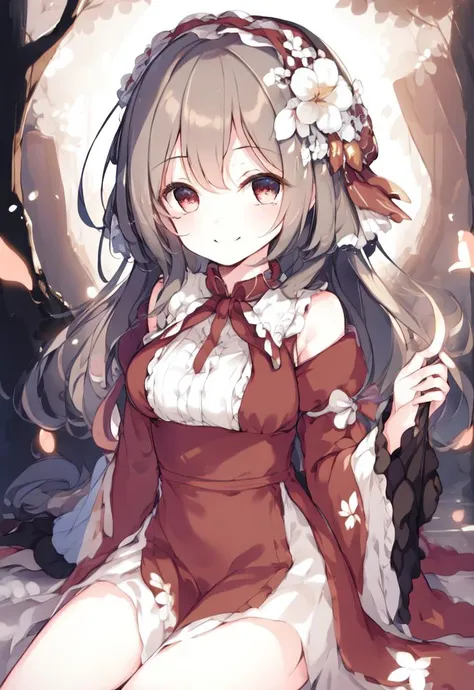 best quality, masterpiece, woman smiling in red dress, falling flower petals, red and white theme, mystical atmosphere, sfw,<lora:Ke-taV2:1.0>