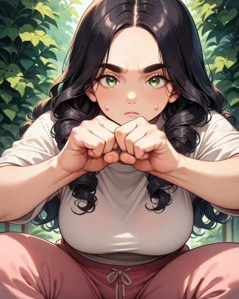 score_9, score_8_up, score_7_up, score_6_up, source_anime, rating_safe, ah1, 1girl, (curly hair), long hair, (black hair), mature female, (parted hair:1.7), (round face), (no_bangs:1.3), (no_fringe:1.6), (thick eyebrows), (curvy), round-chin, (dark olive green eyes), caucasian, down-turned eyes, <lora:ETO_OCPonyXL:0.5> eto_oc, skindentation, thick thighs, wide hips, petite, busty, voluptuous, (((cunning stance:1.7))), (sweatpants),