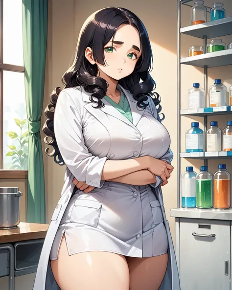score_9, score_8_up, score_7_up, score_6_up, source_anime, rating_safe, ah1, 1girl, (curly hair), long hair, (black hair), mature female, (parted hair:1.7), (round face), (no_bangs:1.3), (no_fringe:1.6), (thick eyebrows), (curvy), round-chin, (dark olive green eyes), caucasian, down-turned eyes, <lora:ETO_OCPonyXL:0.5> eto_oc, skindentation, thick thighs, wide hips, petite, busty, voluptuous, (((Leaning Into The Arm:1.7))), (lab coat),