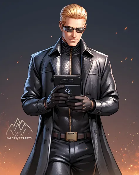 score_9, score_8_up, score_7_up, score_6_up, source_anime, ah1,<lora:albertwesker-guy-PONYv1:1> albertwesker, albert wesker, 1boy, solo, blonde, black gloves, sunglasses, belt, pants, long coat, trench coat, black coat, black pants, toned, athletic, fit, slicked back hair, black turtleneck, zipper, mature male,(graphene textured clothes:1.7) (Holding a sinister, tablet with eerie reflections within)