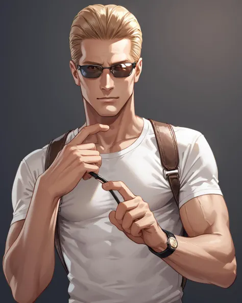 score_9, score_8_up, score_7_up, score_6_up, source_anime, ah1,<lora:albertwesker-guy-PONYv1:1> albertwesker, albert wesker, 1boy, solo, blonde, sunglasses, toned, athletic, fit, slicked back hair, mature male, (lightly brushing fingers against the jawline, looking at viewer, confident, inviting intimacy and intrigue), (Short-Sleeve Shirt),