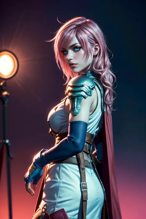 (ultra realistic,32k, masterpiece:1.2),(high detailed skin:1.1),( high quality:1.1),
<lora:ffxiii_lightning:0.8>(v-shaped eyebrows:1.2),lightning farron,pink hair, aqua eyes, sleeveless, shoulder armor, leeveless, shoulder armor, cape, skirt, fingerless gloves,(blank background:1.2) blurry background,(looking at viewer, standing,:1.1),,huge breast,large breast,<lora:add_detail:0.86>,
(backlight:1.1),