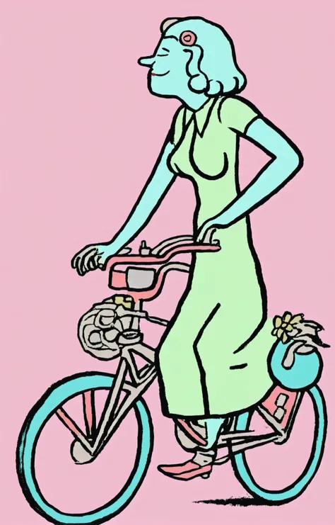 pastel-hued tattoo, Graffiti Comic, a 1940s girl riding a bike, <lora:Graffiti Comic:1>, masterpiece, best quality