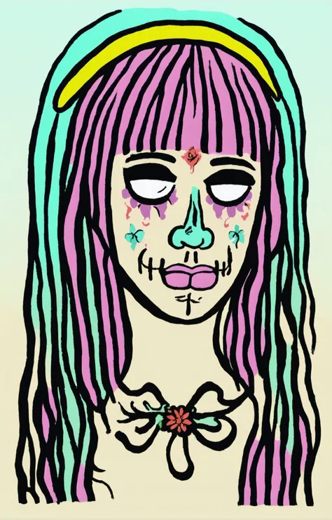 pastel-hued calavera tattoo, Graffiti Comic, a tattoo of a girl's face with Calavera face paint, cinco de mayo, <lora:Graffiti Comic:1>, masterpiece, best quality
