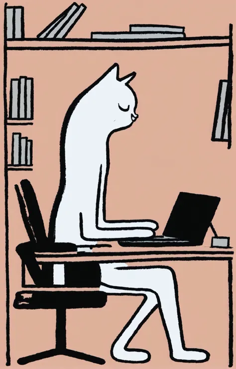 Graffiti, a cute kitten sitting at his desk working hard on his computer to generate more images of anime girls with big boobs. <lora:Graffiti Comic:1>, masterpiece, best quality,