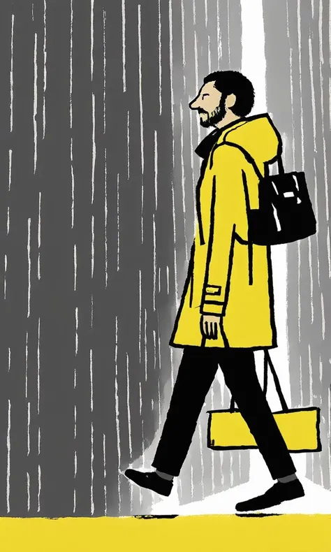 Graffiti Comic,a drawing of a person walking with a bag while looking at his phone,trending on cg society,conceptual art,illustration!,cypherpunk fashion illustration,yellow raincoat,<lora:Graffiti Comic:1>,masterpiece,best quality,