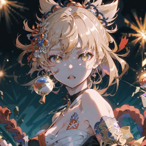 ((masterpiece)), ((best quality)), ((ultra detailed)), ((beautiful and aesthetic)), ((illustration)), vvi\(artstyle\), 1girl, solo, yoimiyadef, yoimiyarnd, genshin impact, blonde hair, yellow eyes, portrait, night, bangs, fireworks, large breasts, cleavage, three-fourth, looking at viewer, jewelry, hair ornament, beautiful eyes,<lora:Vivid_Impactful_Style_4g:0.75>, <lora:yoimiya2:1>, <lora:beautifulDetailedEyes_v10:0.6>
