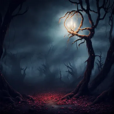 (masterpiece:1.2), (best quality,:1.2), 8k, HDR, ultra detailed, ((photorealistic)), professional light, cinematic lighting, fashion photography, ambient lighting, background, a sinister and evil forest at night, Darkness, <lora:Darkness-10:1>,  epiCPhoto,