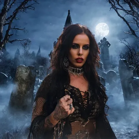 (masterpiece:1.2), (best quality,:1.2), 8k, HDR, ultra detailed, ((photorealistic)), professional light, cinematic lighting, fashion photography, ambient lighting, face lighting, Brandy, <lora:Brandy-10:1>, earrings, choker, dark makeup, long and wild and messy hair,  ((cowboy shot)), dynamic pose, looking at viewer, as a vampire, wearing intricate black robe, in a dark medieval gothic graveyard, moonlight, fog, Darkness, <lora:detail_slider_v4:2.5>, <lora:Darkness-10:0.7>, perfect hands, epiCPhoto,