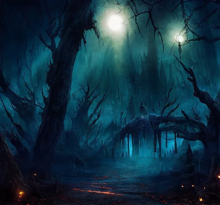 (masterpiece:1.2), (best quality,:1.2), 8k, HDR, ultra detailed, ((photorealistic)), professional light, cinematic lighting, fashion photography, ambient lighting, background, a sinister and evil forest at night, Darkness, <lora:Darkness-10:1>,  epiCPhoto,