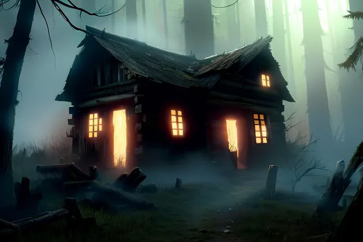 RAW photo of an abandoned cabin in a dense forest, overgrown, haunted, darkness <lora:Darkness:1>