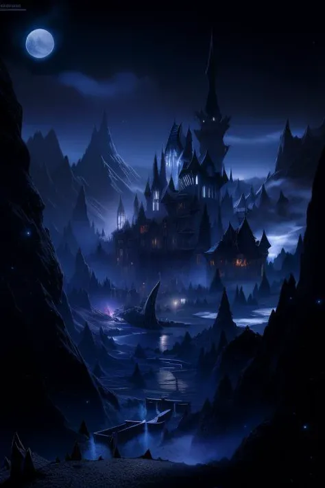 RAW photo of a  castle, darkness, distance, moon, the<lora:Darkness:1>