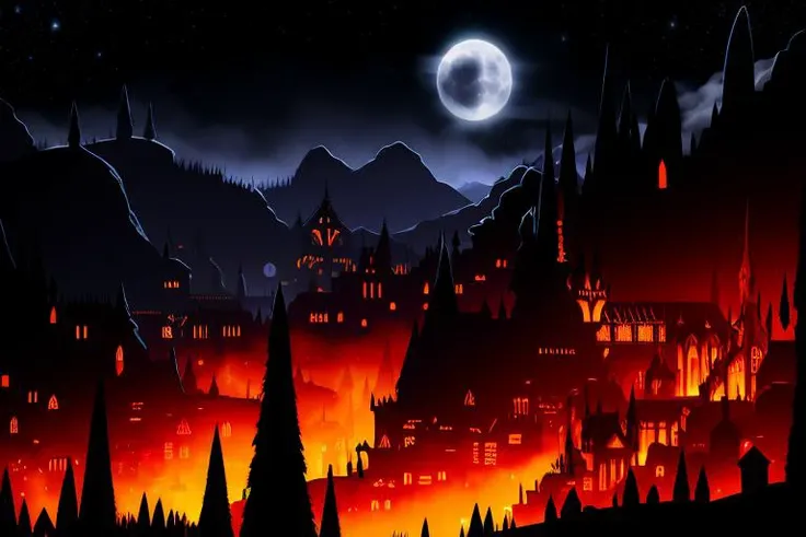 RAW photo of a castle, darkness, distance, moon, fires burning in the town<lora:Darkness:1>