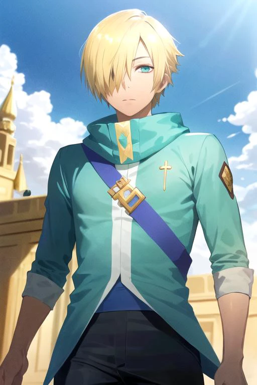 masterpiece, best quality, still, 1boy, solo, male focus, looking at viewer, upper body, , , realistic, <lora:knell_hydra:0.72>, knell_hydra, blonde hair, green eyes, hair over one eye, short hair, , Xanadu: A magical kingdom ruled by a wise and benevolent queen,