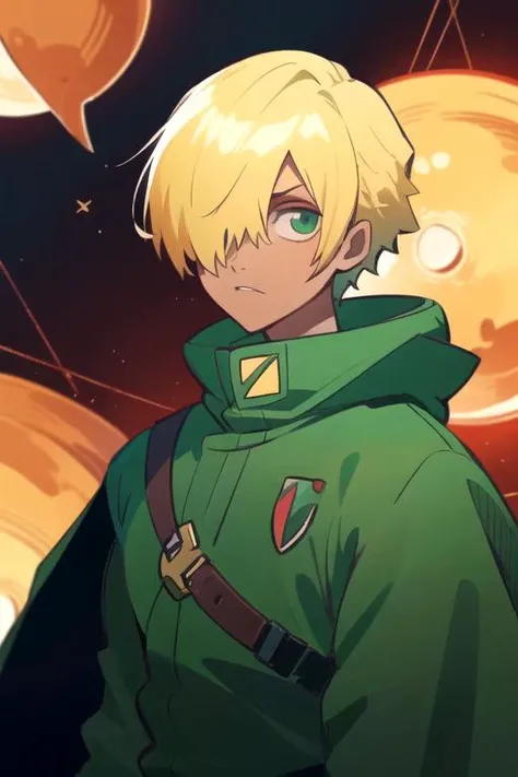 masterpiece, best quality, illustration, 1boy, solo, male focus, looking at viewer, upper body, , , , <lora:knell_hydra:0.74>, knell_hydra, blonde hair, green eyes, hair over one eye, , dracula costume, science fiction space western, 2k resolution