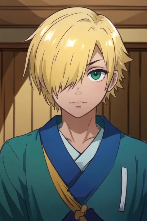 masterpiece, best quality, sketch, 1boy, solo, male focus, looking at viewer, upper body, depth of field, anime coloring, , <lora:knell_hydra:0.76>, knell_hydra, blonde hair, green eyes, hair over one eye, , , feudal japan, High resolution