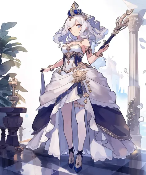 (masterpiece, best quality, 1girl, standing:1.3), Queen Hemera, white hair, princess dress, white stockings, thighighs