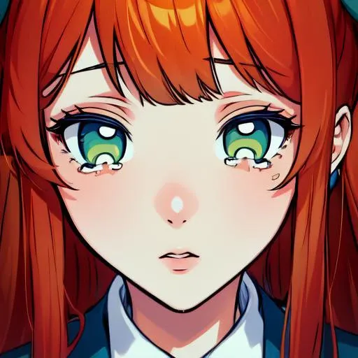 Highly detailed, High Quality, Masterpiece, beautiful, solo, <lora:ddlc-10:1> Monika, tears, (AmongUsEyes:1.3), <lora:AmongUsEyes:1>, green eyes, blazer, brown sweater, collared shirt, neck ribbon, blue skirt, Highly detailed, , 1girl, close-up