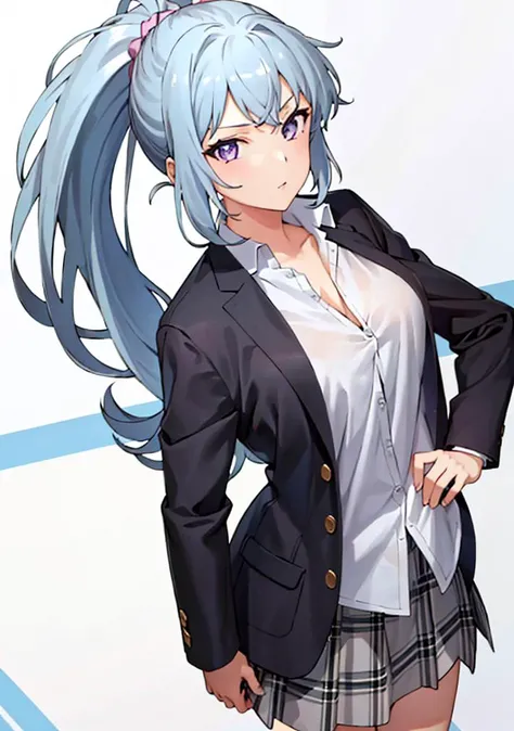 photo pose,one color background,8K HDR,high res,masterpiece, best quality, ultra-detailed,excellent illustration, 1girl, solo,  <lora:kawasakiSaki_oregairuKawasakiSaki:0.75> 1girl,standing,looking at viewer,detailed clothes, (good face),purple eyes,long hair, 1pony tail, cyan hair,steel blue hair,multicolored hair, school uniform,black jacket,white shirt,white shirt,button shirt,((untucked shirt)),uniform skirt,plaid skirt,good anatomy,socks,short socks,shoes,school shoes , [realistic] ((detailed background(school))), 1girl, solo,