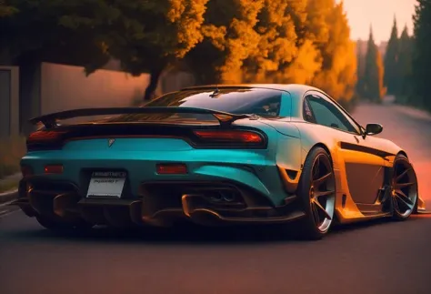 rx7fd sport car on a road, cyberpunk, futuristic, octane, render, cgi, global illumination, vibrant colors, best quality, highly detailed