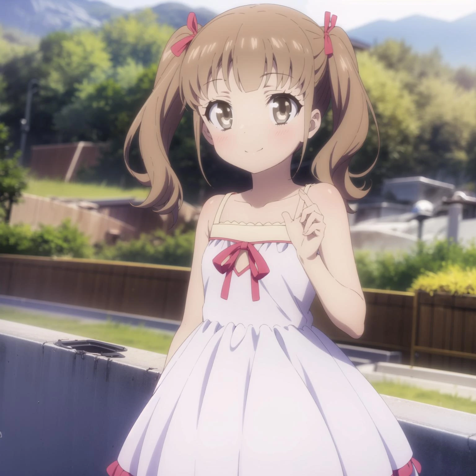 1girl,solo,smile,outdoor,white dress,
<lora:sayu:0.6:0.7:lbw=1,0,0,1,1,1,1,1,1,1,0,0,0,1,0,0,0,1,1,1,1,1,1,1,1,1> ,aasayu,brown_hair,vrown_eyes,long_hair,twintails,two_side_up,bangs,hair_ribbon,
