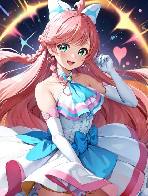 masterpiece, best quality, looking_at_viewer, depth_of_field, smile, full_body, open_mouth, 
1girl, <lora:locon_cure_prism_02:0.9>, cure prism, pink hair, long hair, side braid, white ascot, white boots, elbow gloves, hair ribbon, earrings, layered skirt, heart ahoge, sleeveless, 
gradient_background,