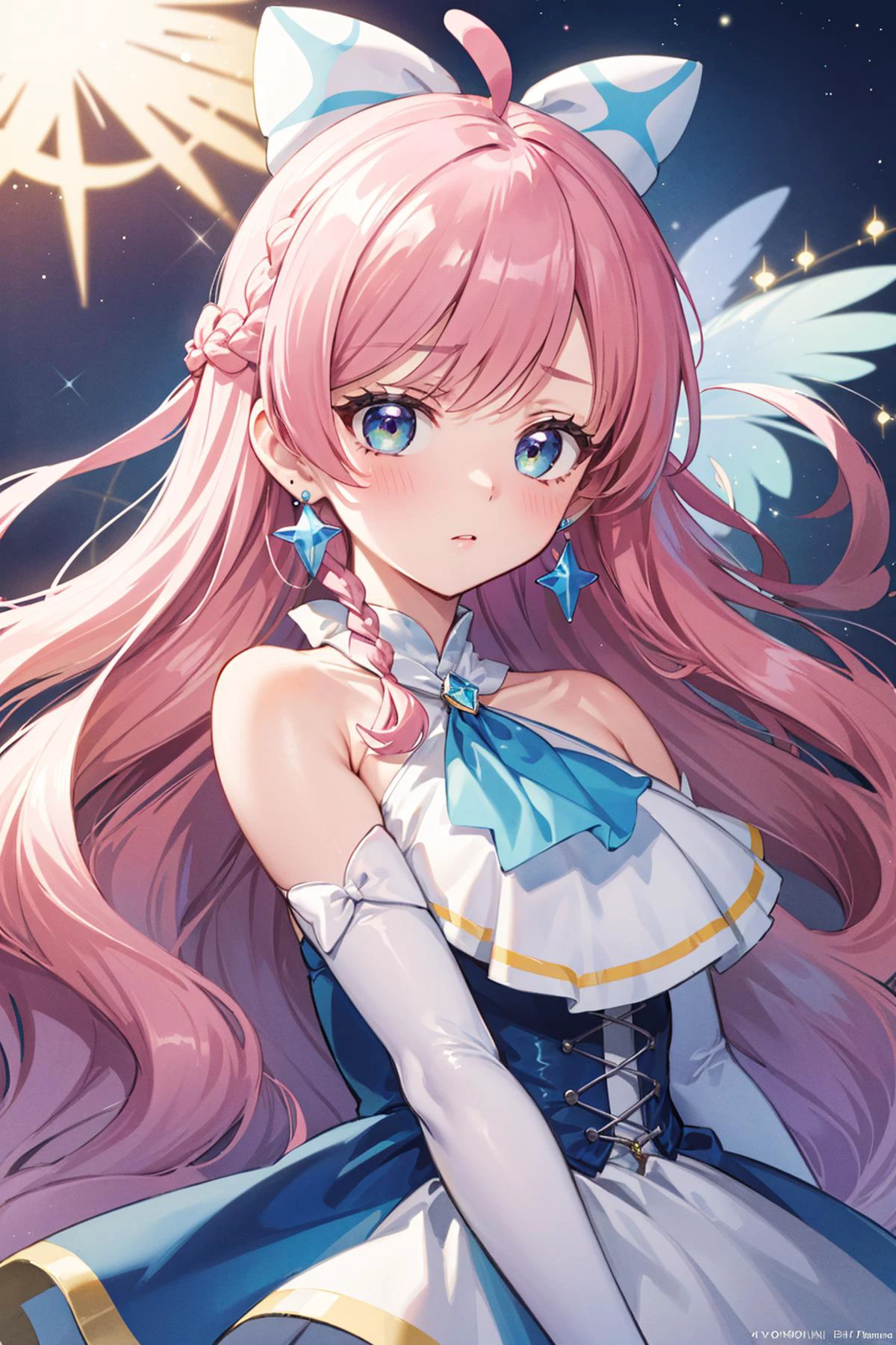 ((masterpiece)), (best quality), official art, extremely detailed CG, unity 8k wallpaper, ultra detailed,
depth_of_field, 1girl, cure prism, pink hair, long hair, side braid, white ascot, white boots, elbow gloves, hair ribbon, earrings, layered skirt, heart ahoge, sleeveless, Irritated,
upper body, starlight falls, cascading starlight, ethereal melodies, sacred waterfall,
<lora:locon_cure_prism_02:0.9>,