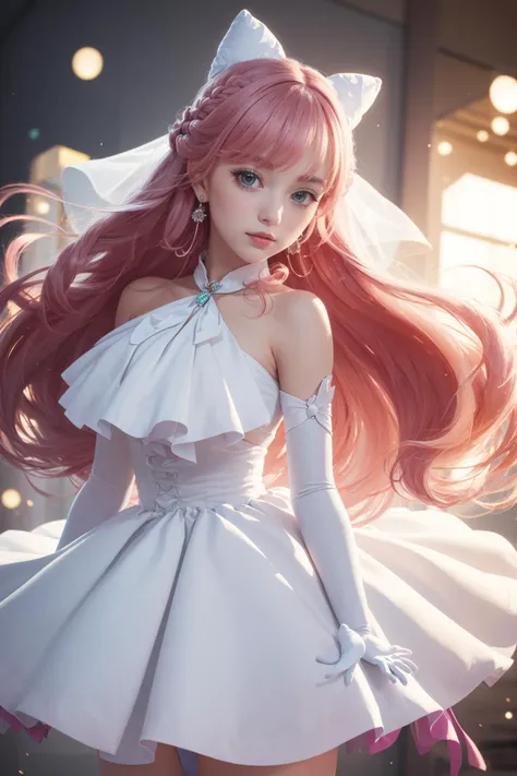 ((masterpiece)), (best quality), official art, extremely detailed CG, unity 8k wallpaper, ultra detailed,
depth_of_field, 1girl, cure prism, pink hair, long hair, side braid, white ascot, white boots, elbow gloves, hair ribbon, earrings, layered skirt, heart ahoge, sleeveless, Surprise, 
cowboy shot, veil of illusions, shimmering illusions, shifting reality, realm of tricksters, 
 <lora:locon_cure_prism_02:0.9>,