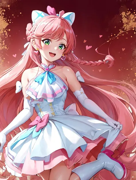 masterpiece, best quality, looking_at_viewer, depth_of_field, smile, full_body, open_mouth, 
1girl, <lora:locon_cure_prism_02:0.9>, cure prism, pink hair, long hair, side braid, white ascot, white boots, elbow gloves, hair ribbon, earrings, layered skirt, heart ahoge, 
gradient_background,