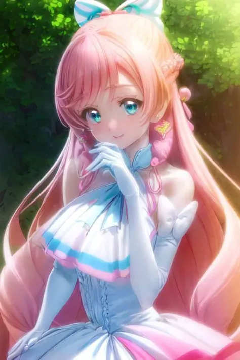 (masterpiece, best quality, high resolution, ultra detailed, extremely detailed CG, game CG, an extremely delicate and beautiful, official art, perfect anatomy, perfect fingers), from above, looking at viewer, face focus, close up face, face macro, sunlight, (in Mucha style), (cure prism), beautiful girl, big light green eyes, gentle eyes, puppy dog face, shiny skin, make up, faint lips, happy smile, (pink tie, large white ascot, blue ribbons, white halter neck dress, Layered slit skirt), elbow gloves, (white hair bow, wing head), yellow 1earring in one ear only, puffy detouched big ribbon sleeves, (pink hair, long hair, side heart braid, heart sideburns), in the flower garden, summer, emphasizing an extremely delicate and beautiful detailed