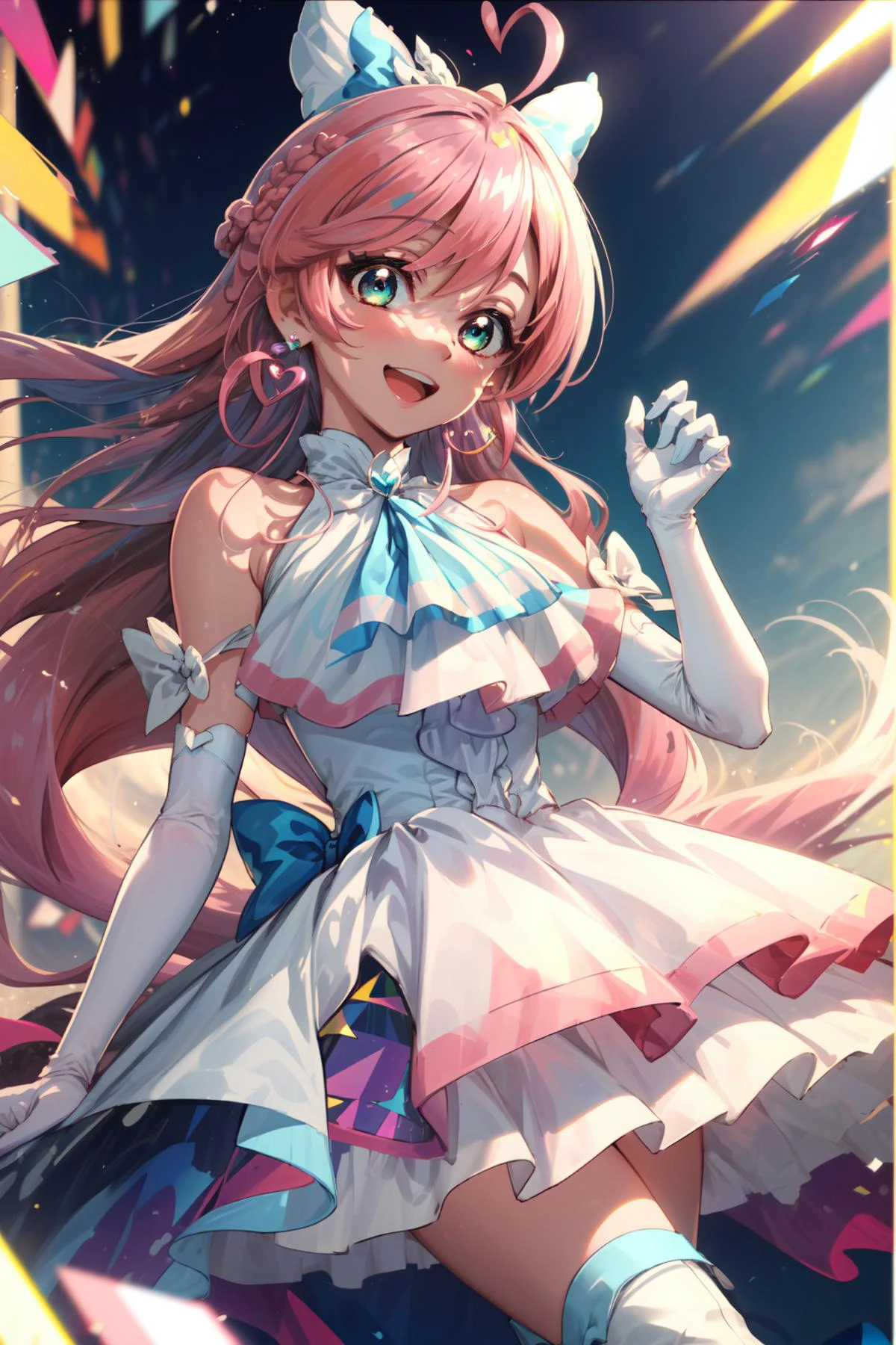 masterpiece,best quality,1girl,cure prism,pink hair,long hair,side braid,white ascot,white boots,elbow gloves,hair ribbon,earrings,layered skirt,heart ahoge,sleeveless,smile,open mouth,happy,blue sky,sunlight,dutch angle,<lora:locon_cure_prism_02:0.9>,