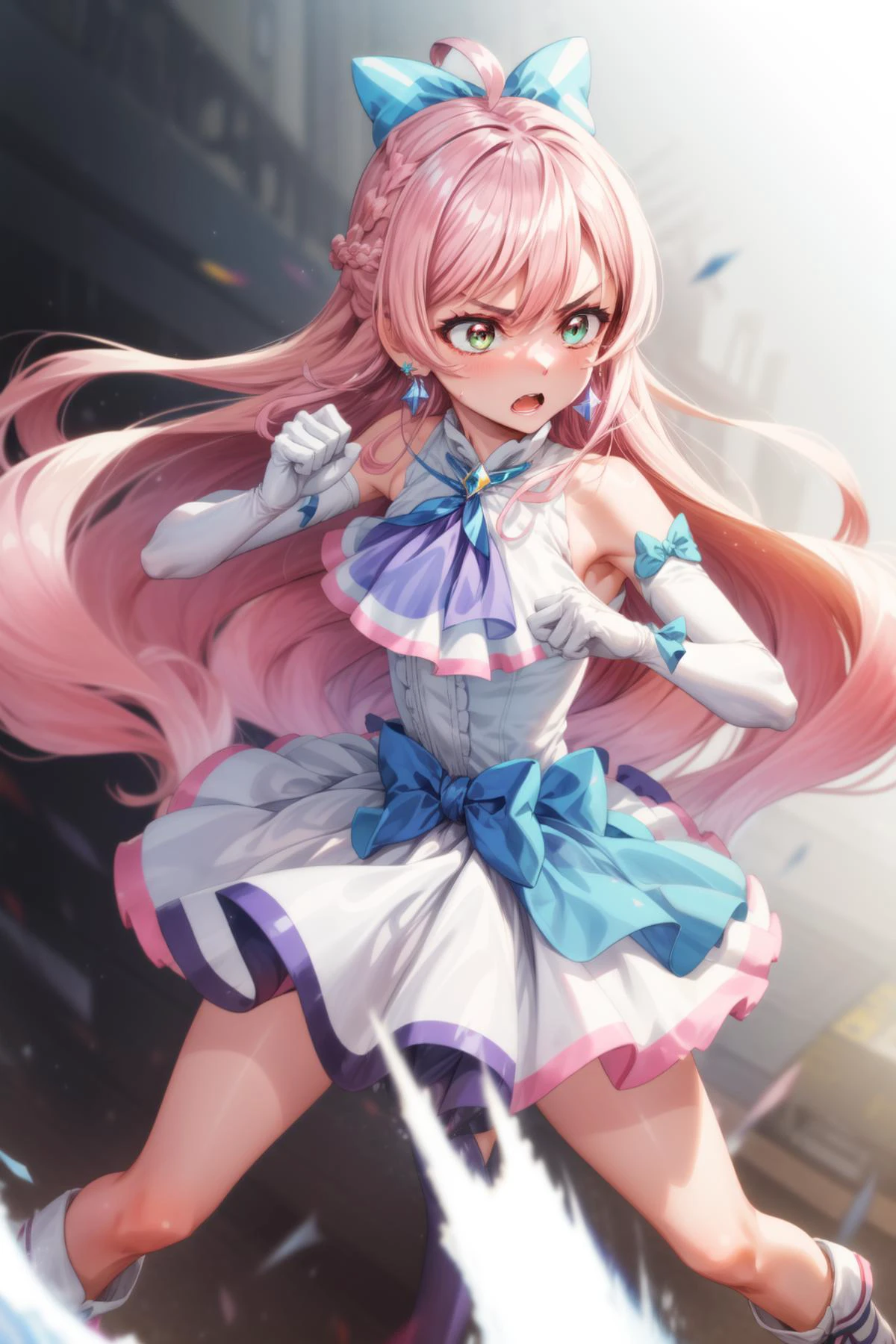 masterpiece,best quality,1girl,cure prism,pink hair,long hair,side braid,white ascot,white boots,elbow gloves,hair ribbon,earrings,layered skirt,heart ahoge,sleeveless,shouting,open mouth,(serious,angry),((fighting stance,action pose,legs apart)),incoming attack,attack,motion lines,motion blur,blast wave,shockwave,<lora:locon_cure_prism_02:0.9>,<lora:Concept-control tool-add_detail-CyberAIchemist:1>,