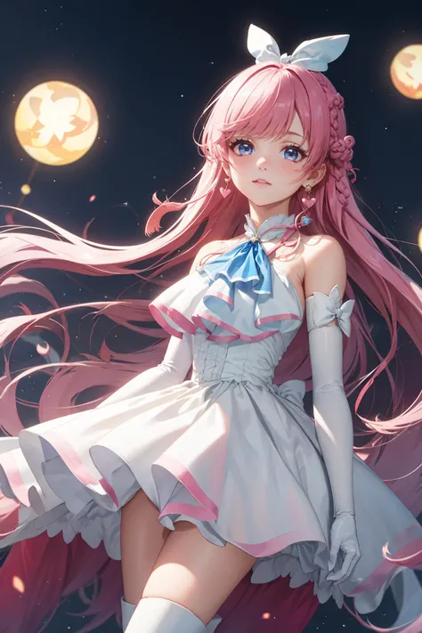 ((masterpiece)), (best quality), official art, extremely detailed CG, unity 8k wallpaper, ultra detailed,
depth_of_field, 1girl, cure prism, pink hair, long hair, side braid, white ascot, white boots, elbow gloves, hair ribbon, earrings, layered skirt, heart ahoge, sleeveless, Smug, 
cowboy shot, starborn citadel, celestial architecture, radiant beacons, abode of star-born beings, 
 <lora:locon_cure_prism_02:0.9>,