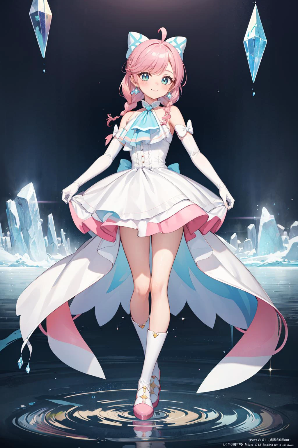 ((masterpiece)), (best quality), official art, extremely detailed CG, unity 8k wallpaper, ultra detailed,
depth_of_field, smile, 1girl, cure prism, pink hair, long hair, side braid, white ascot, white boots, elbow gloves, hair ribbon, earrings, layered skirt, heart ahoge, sleeveless, Inquisitive,
full body, crystal lagoon, glistening crystals, calm waters, sanctuary of crystal guardians,
<lora:locon_cure_prism_02:0.9>,