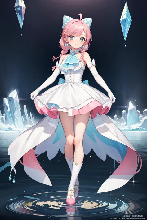 ((masterpiece)), (best quality), official art, extremely detailed CG, unity 8k wallpaper, ultra detailed,
depth_of_field, smile, 1girl, cure prism, pink hair, long hair, side braid, white ascot, white boots, elbow gloves, hair ribbon, earrings, layered skirt, heart ahoge, sleeveless, Inquisitive, 
full body, crystal lagoon, glistening crystals, calm waters, sanctuary of crystal guardians, 
 <lora:locon_cure_prism_02:0.9>,