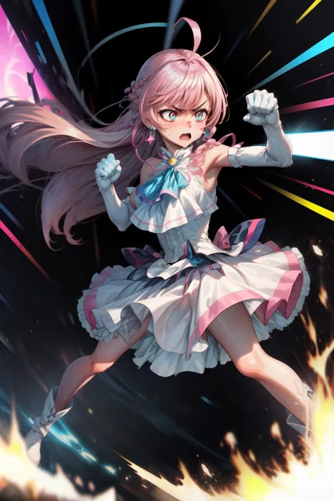 masterpiece,best quality,1girl,cure prism,pink hair,long hair,side braid,white ascot,white boots,elbow gloves,hair ribbon,earrings,layered skirt,heart ahoge,sleeveless,shouting,open mouth,(((serious,angry))),(fighting stance,action pose),incoming attack,attack,punching,pink energy glowing,motion lines,motion blur,blast wave,shockwave,dutch angle,<lora:locon_cure_prism_02:0.9>,<lora:Concept-control tool-add_detail-CyberAIchemist:0.8>,