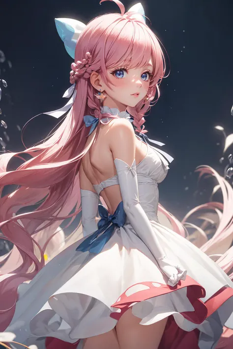 ((masterpiece)), (best quality), official art, extremely detailed CG, unity 8k wallpaper, ultra detailed,
depth_of_field, 1girl, cure prism, pink hair, long hair, side braid, white ascot, white boots, elbow gloves, hair ribbon, earrings, layered skirt, heart ahoge, sleeveless, Frustrated, 
cowboy shot, moonshimmer cove, iridescent moonlight, secluded beaches, sanctuary of lunar spirits, 
 <lora:locon_cure_prism_02:0.9>,