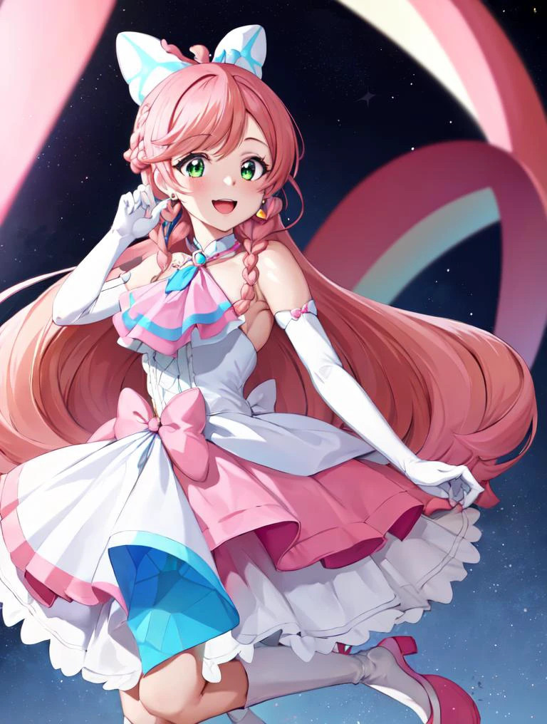 masterpiece, best quality, looking_at_viewer, depth_of_field, smile, full_body, open_mouth,
1girl, <lora:locon_cure_prism_02:0.9>, cure prism, pink hair, long hair, side braid, white ascot, white boots, elbow gloves, hair ribbon, earrings, layered skirt, heart ahoge, sleeveless,
gradient_background,