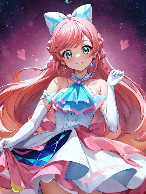 masterpiece, best quality, looking_at_viewer, depth_of_field, smile, cowboy_shot, 
1girl, <lora:locon_cure_prism_02:0.9>, cure prism, pink hair, long hair, side braid, white ascot, white boots, elbow gloves, hair ribbon, earrings, layered dress, heart ahoge, 
gradient_background,