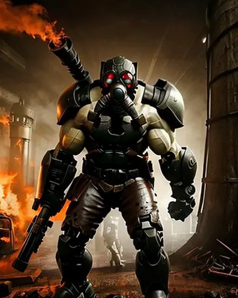 rainy, <lora:cyberdead_v20:0.7>, big muscular cyberdead, with robotic head,cracked gasmask, big gun,blood line,blood, threatening pose,fighting stance, apocalyptic background, dusty, detailed rust iron texture, realstic,storng contrast, dark shadow,detailed discribe, clear image,horrirble mood, masterpiece,